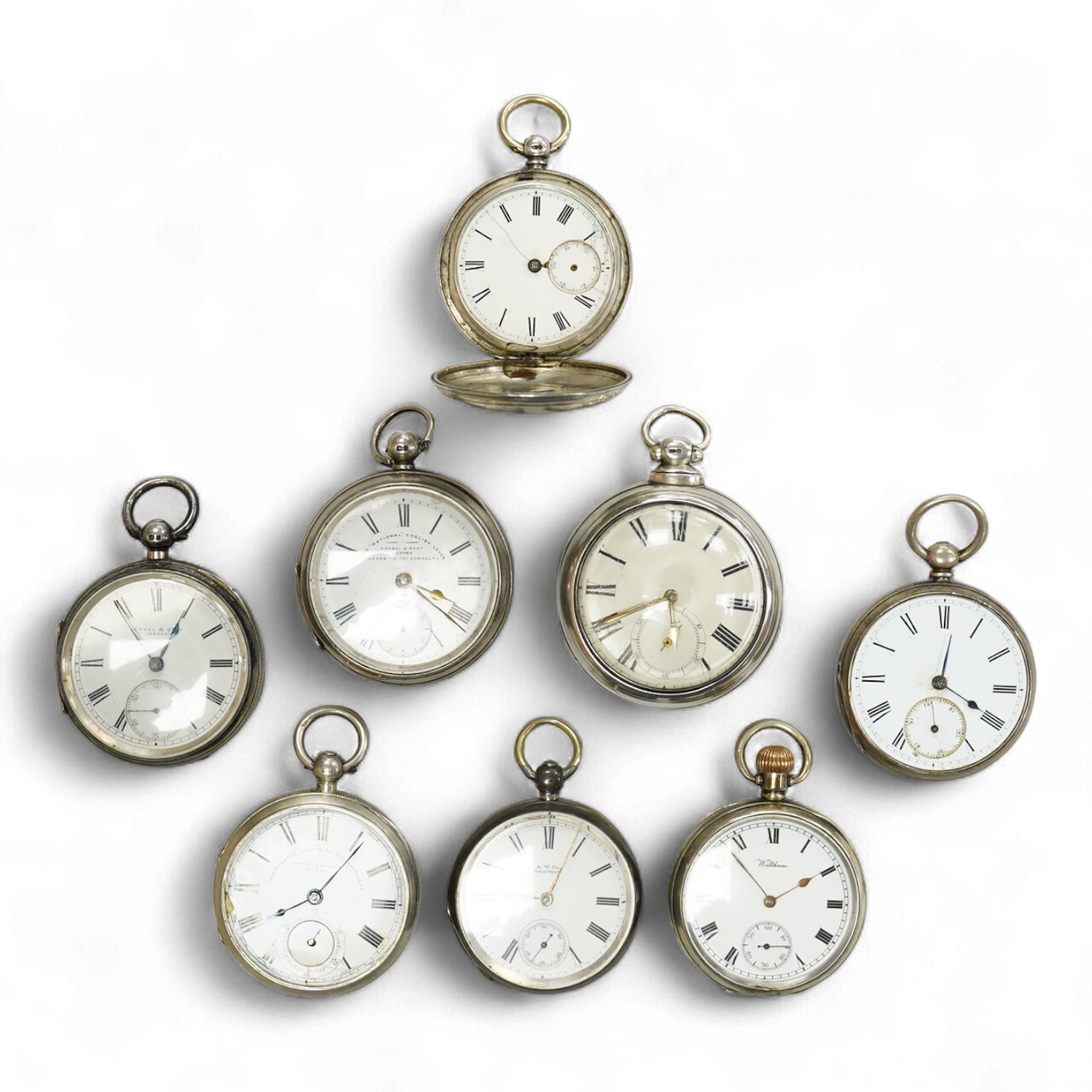 Seven assorted mainly early 20th century silver open faced pocket watches including Kendall & Dent, case diameter 51mm and Waltham, together with a late Victorian silver hunter pocket watch(a.f.).